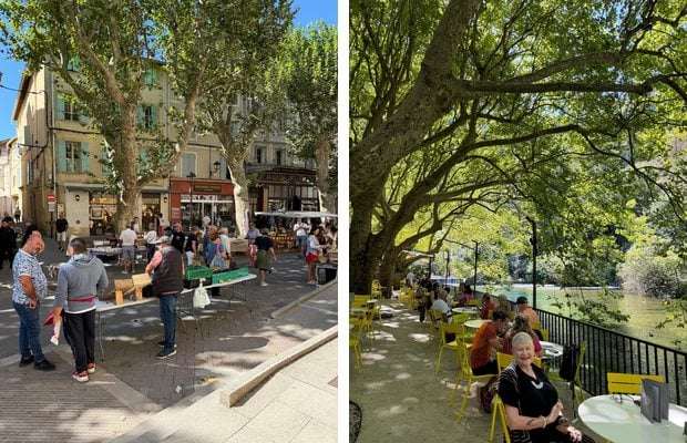 Market morning under the plane trees, and cafés along the water at Fontaine-de-Vaucluse