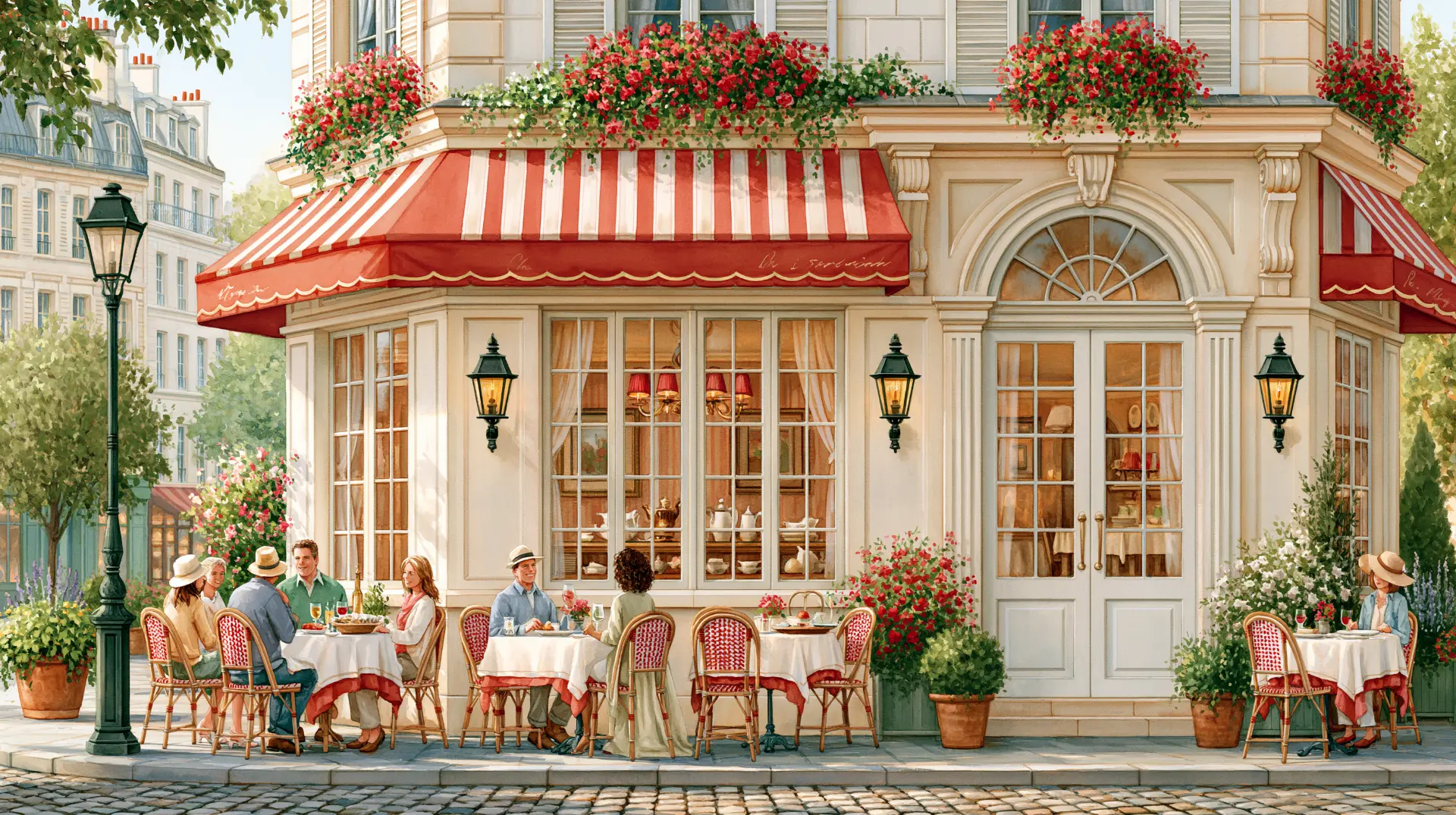 Friends chatting at outdoor tables beneath the striped awning of a flower-filled European café