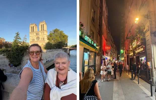 Sue and Helen on the quai below Notre-Dame, and the Rue de la Huchette after dark